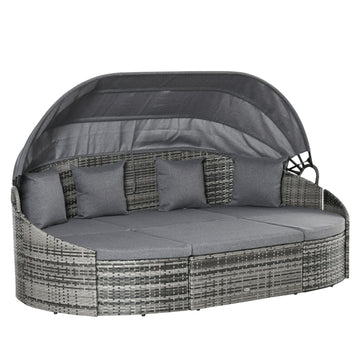 Sun lounger set in rattan with canopy and cushions, gray 230x145x80 cm