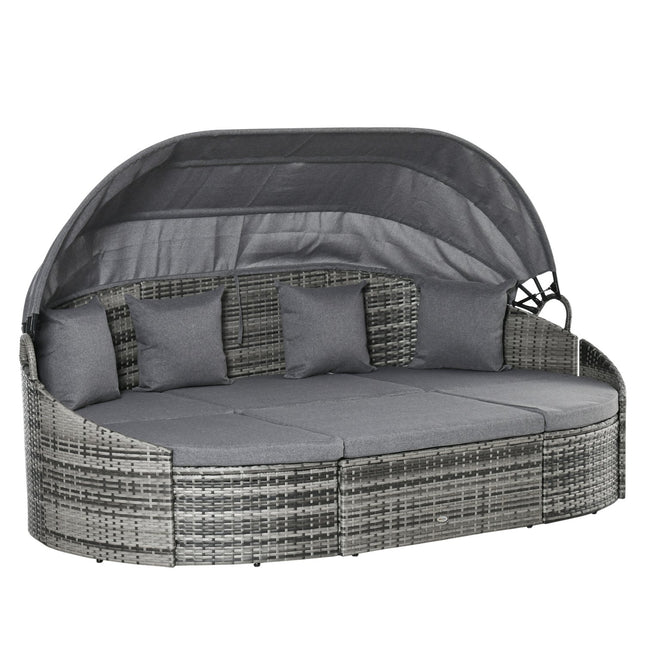 Sun lounger set in rattan with canopy and cushions, gray 230x145x80 cm