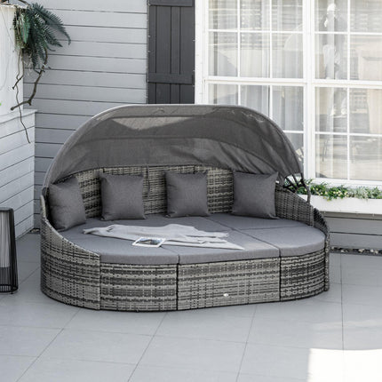 Sun lounger set in rattan with canopy and cushions, gray 230x145x80 cm