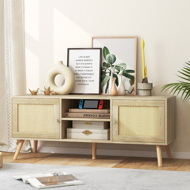 Rattan TV cabinet with 2 doors & open compartments for TVs up to 55 inches 120 x 40 x 48.5 cm