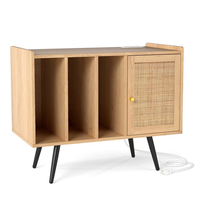 Rattan Turntable Stand with Charging Station, Holds 220 Vinyls