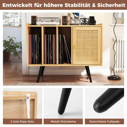 Rattan Turntable Stand with Charging Station, Holds 220 Vinyls