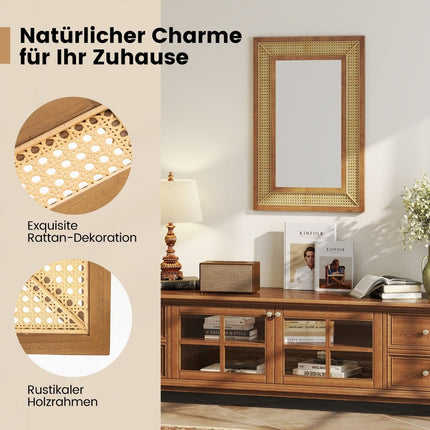 Rattan Wall Mirror with Wood Frame, 90x60 cm, Hanging
