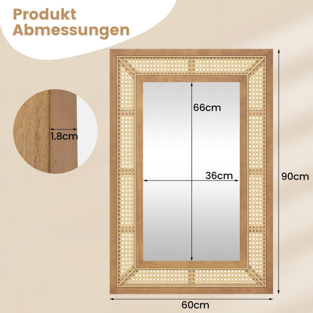 Rattan Wall Mirror with Wood Frame, 90x60 cm, Hanging