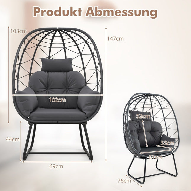 Rotan rieten stoel met afneembaar kussen en metalen frame, extra grote loungestoel, grijs