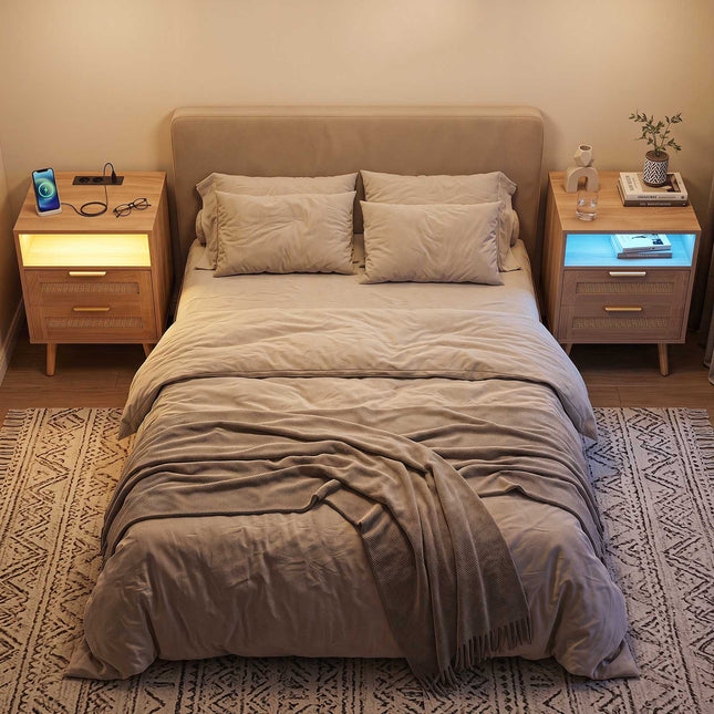 Rattan Wood Nightstand with LED, 2 Drawers, USB Ports