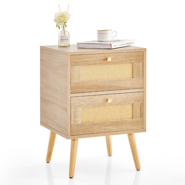 Rattan bedside table in boho style with 2 drawers & solid wood legs Modern bedside table