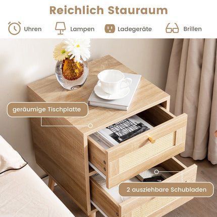 Rattan bedside table in boho style with 2 drawers & solid wood legs Modern bedside table
