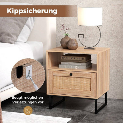 Rattan bedside table in medieval style with drawer & open compartment side table accent table