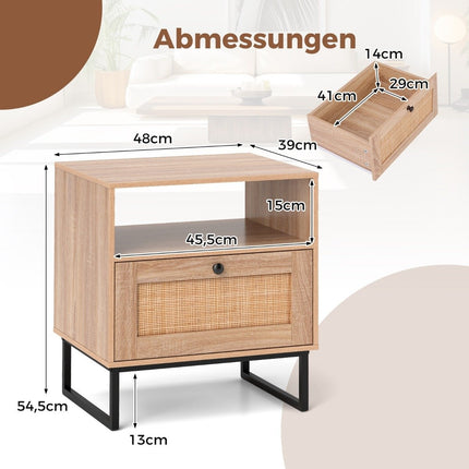 Rattan bedside table in medieval style with drawer & open compartment side table accent table