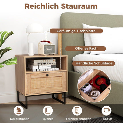 Rattan bedside table in medieval style with drawer & open compartment side table accent table