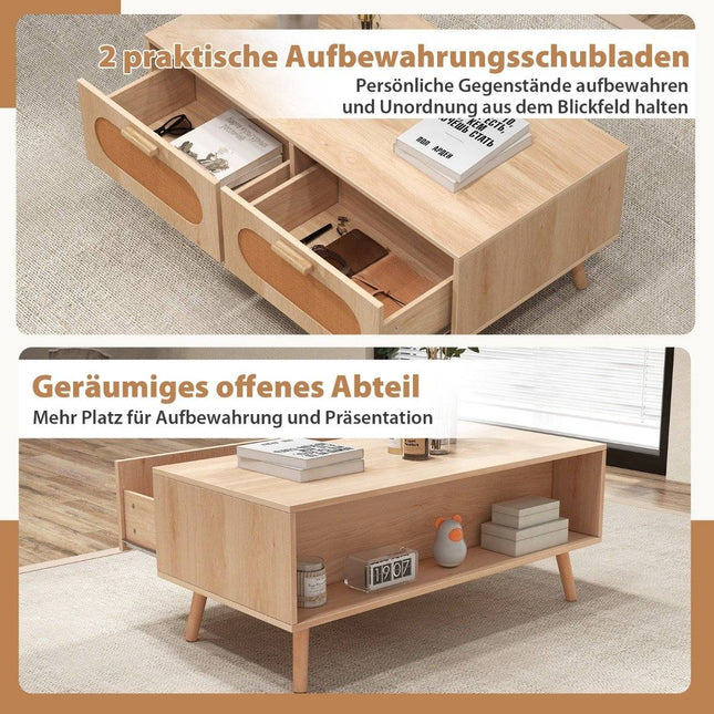 Rattan coffee table with 2 drawers, 100 x 50 x 41 cm, natural