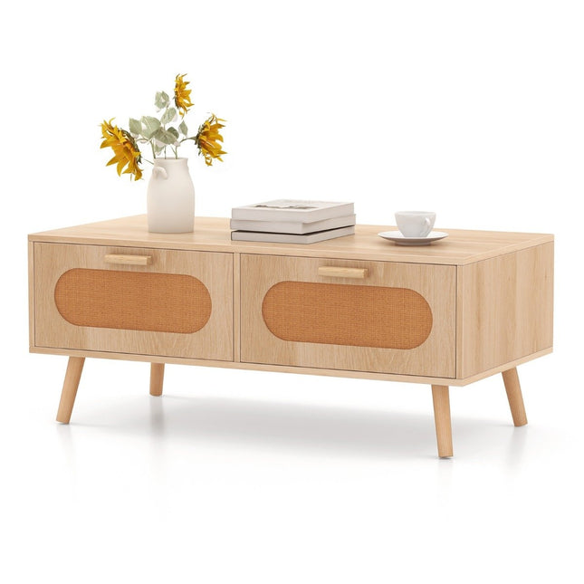 Rattan coffee table with 2 drawers, 100 x 50 x 41 cm, natural