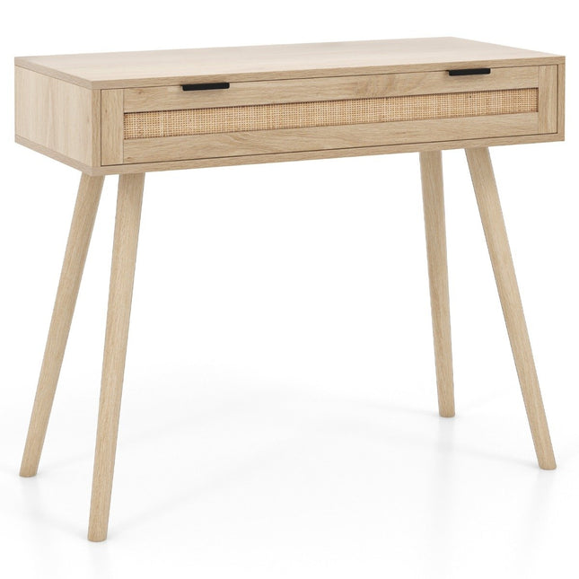 Rattan console table with pull-out drawer entryway table farmhouse wooden table
