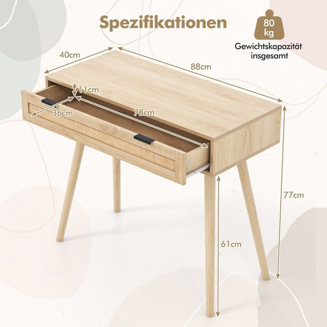 Rattan console table with pull-out drawer entryway table farmhouse wooden table