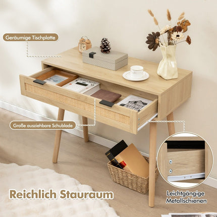 Rattan console table with pull-out drawer entryway table farmhouse wooden table