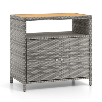 Rattan garden cabinet with acacia wood worktop & open compartment buffet cabinet gray