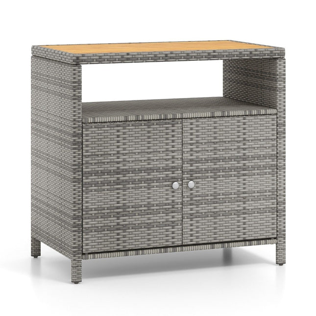 Rattan garden cabinet with acacia wood worktop & open compartment buffet cabinet gray