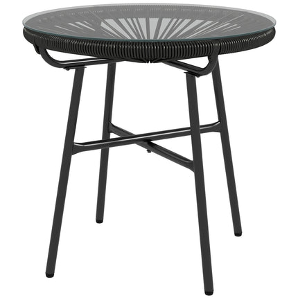 Round rattan coffee table, Glass top, Black, 50x50x50cm