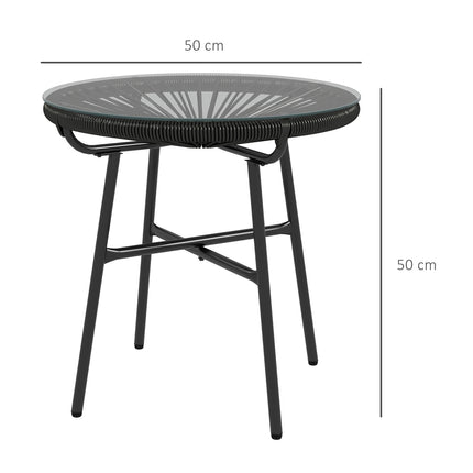 Round rattan coffee table, Glass top, Black, 50x50x50cm