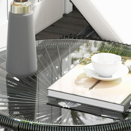 Round rattan coffee table, Glass top, Black, 50x50x50cm