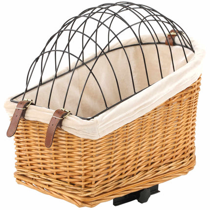 Achterfietsmand voor honden en katten, gemaakt van riet met deksel en kussen.