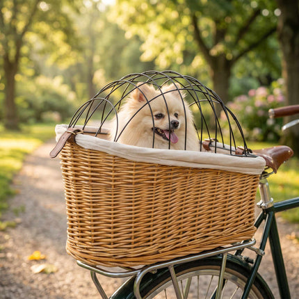 Achterfietsmand voor honden en katten, gemaakt van riet met deksel en kussen.
