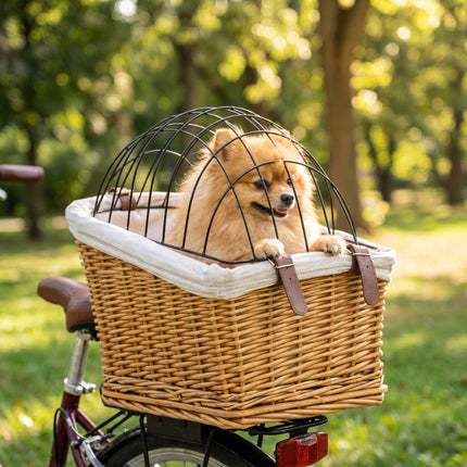 Achterfietsmand voor honden en katten, gemaakt van riet met deksel en kussen.