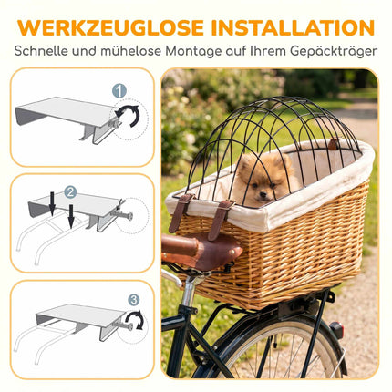 Achterfietsmand voor honden en katten, gemaakt van riet met deksel en kussen.