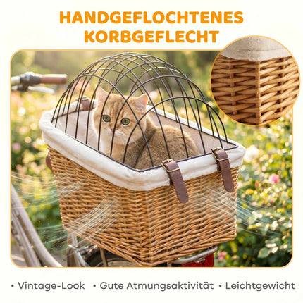 Achterfietsmand voor honden en katten, gemaakt van riet met deksel en kussen.