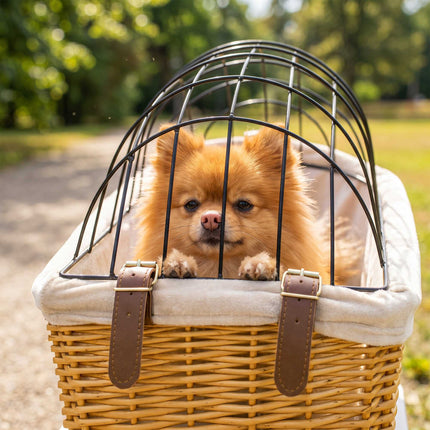 Achterfietsmand voor honden en katten, gemaakt van riet met deksel en kussen.