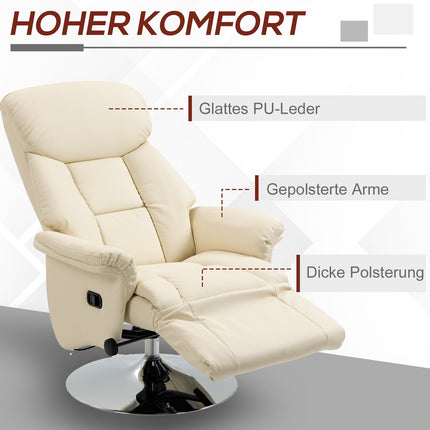 Recliner Chair, Leather Look, 360 Swivel, Cream, 150 kg Capacity
