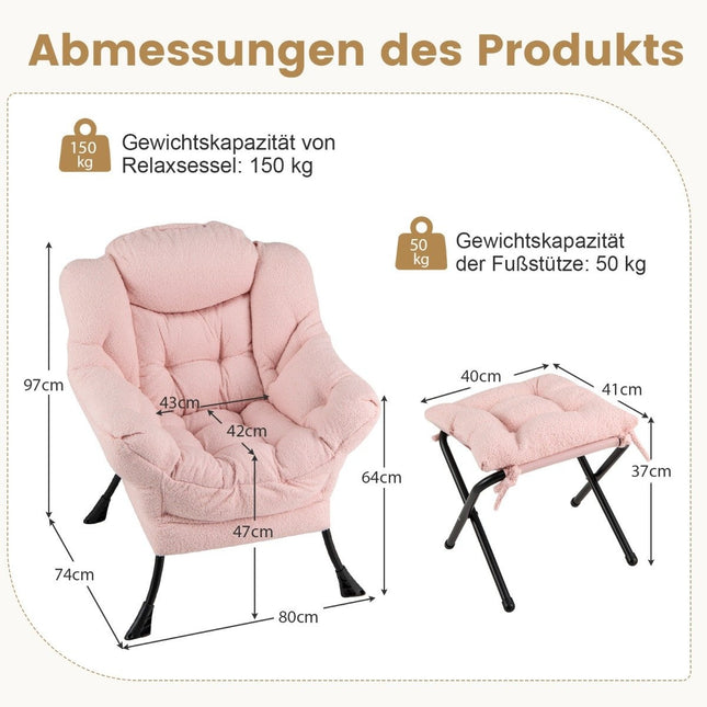 Recliner Chair with Armrests, Side Pocket, Ottoman – Pink