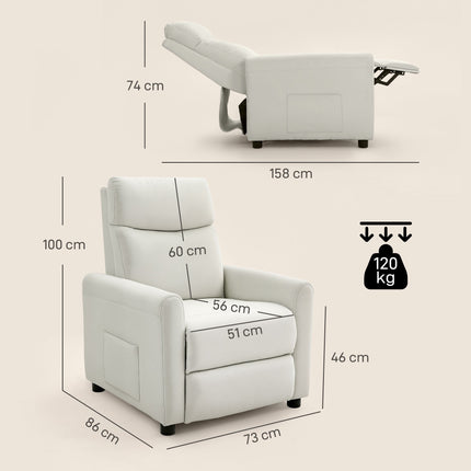 Recliner Chair with Footrest, Linen Fabric, Cream White