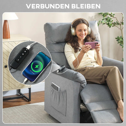 Recliner Chair with Massage, Heat, USB Port, Grey Velvet