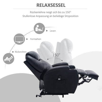 Lounger with standing aid, black artificial leather, adjustable