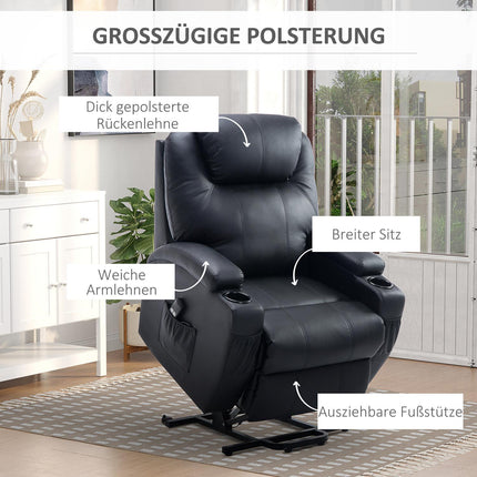 Lounger with standing aid, black artificial leather, adjustable