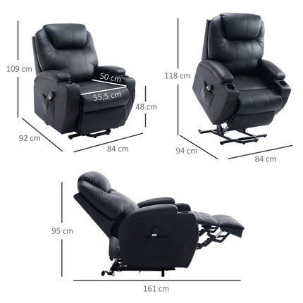 Lounger with standing aid, black artificial leather, adjustable
