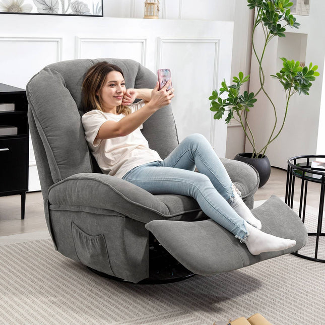 Relaxfauteuil, tv-stoel met relaxfunctie, schommelfunctie, draaibare tv-stoel met voetenbankje, grijs