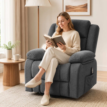 Recliner with Massage, Heat, Swivel, Rocking – Grey Velvet