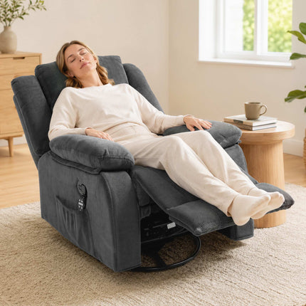Recliner with Massage, Heat, Swivel, Rocking – Grey Velvet