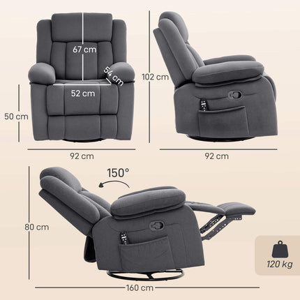 Recliner with Massage, Heat, Swivel, Rocking – Grey Velvet