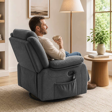 Recliner with Massage, Heat, Swivel, Rocking – Grey Velvet