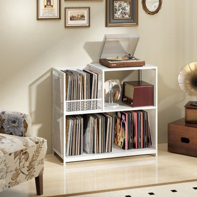 Record Player Stand, 3-Tier Vinyl Storage, White