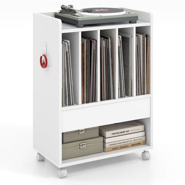 Record Player Stand With Drawer, 4 Dividers, Locking Wheels
