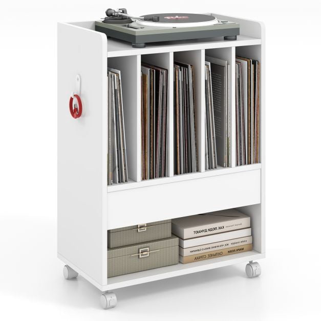 Record Player Stand With Drawer, 4 Dividers, Locking Wheels