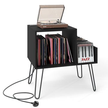 Record Player Stand with Charging Station – Black, High Capacity