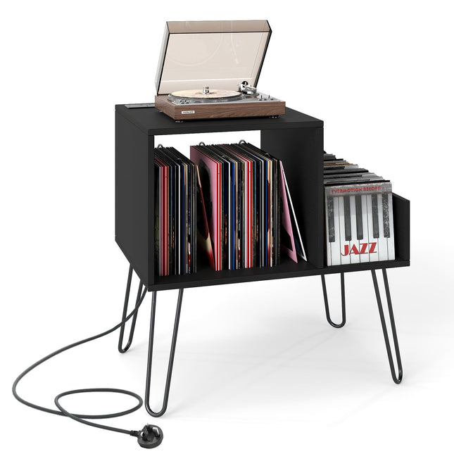Record Player Stand with Charging Station – Black, High Capacity