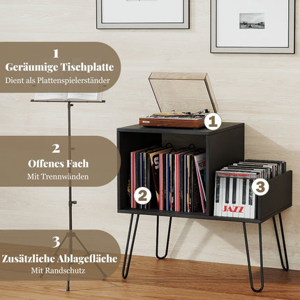 Record Player Stand with Charging Station – Black, High Capacity