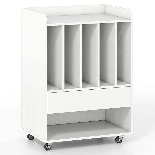 Record Player Table with 5 Shelves & Drawer, White, Mobile
